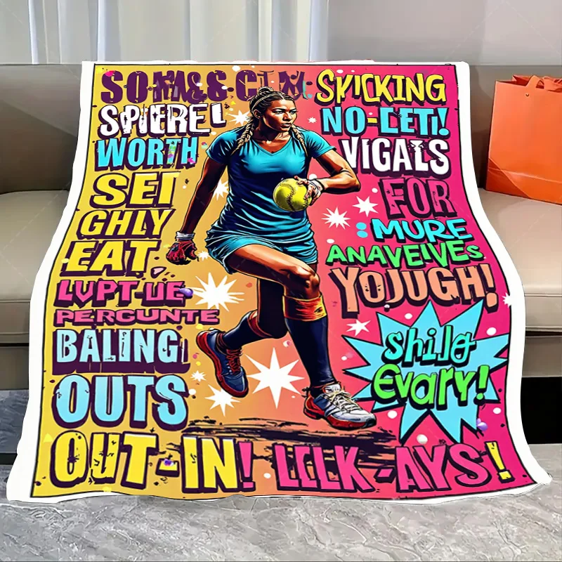 

1pc Flannel Blanket "Vibrant Softball Player Blanket - Bold Words & Sports Scene for Fans"