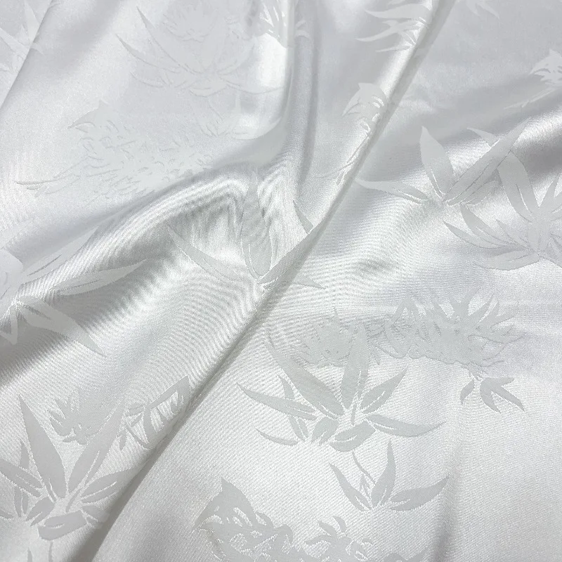 Faux Silk Satin Jacquard Fabric Off White Small Bamboo Leaf Drapey Wrinkle Resistant Soft Smooth Shirt Hanfu Dress DIY Sewing