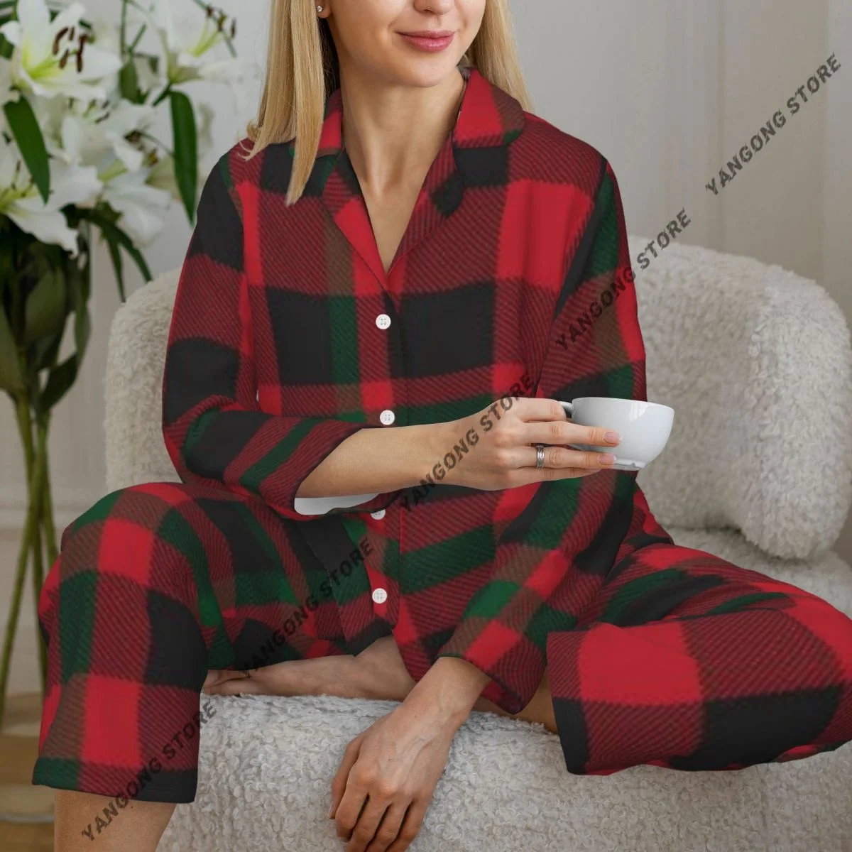 Women Sleepwear Pajamas Christmas Plaid Checkered Tartan Textiles Long Sleeve Pijama Female Set Negligee Cardigan Suit