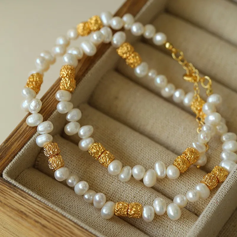 Designer New Baroque Pearl Gold-plated Texture Beads Necklace Bracelet for Women Two-piece Fashion Luxury Pearl Jewelry Set