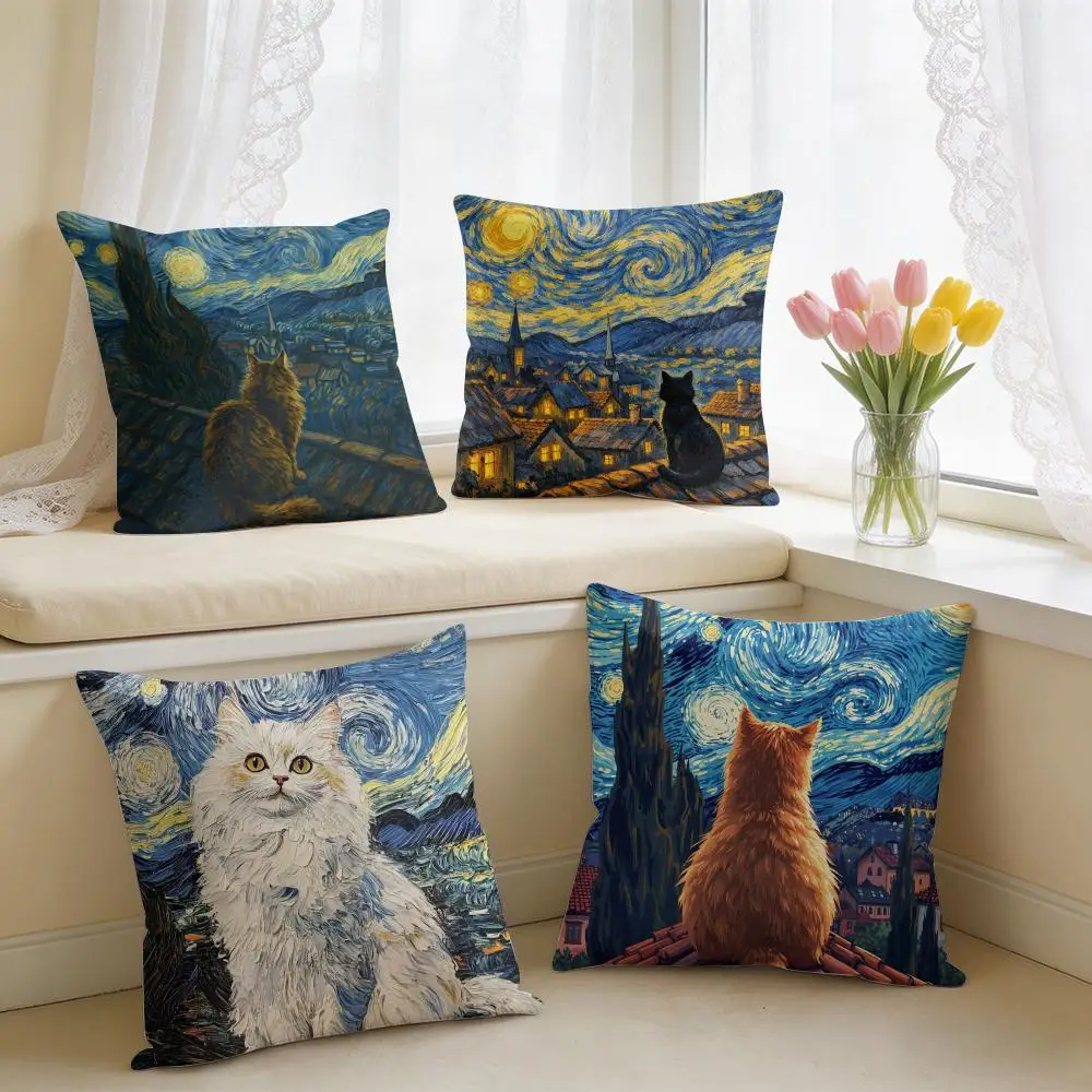 Van Gogh Starry Night Cat Cushion Cover Square Short Plush Pillow Case Living Room Sofa Home Decor Funda 40X40