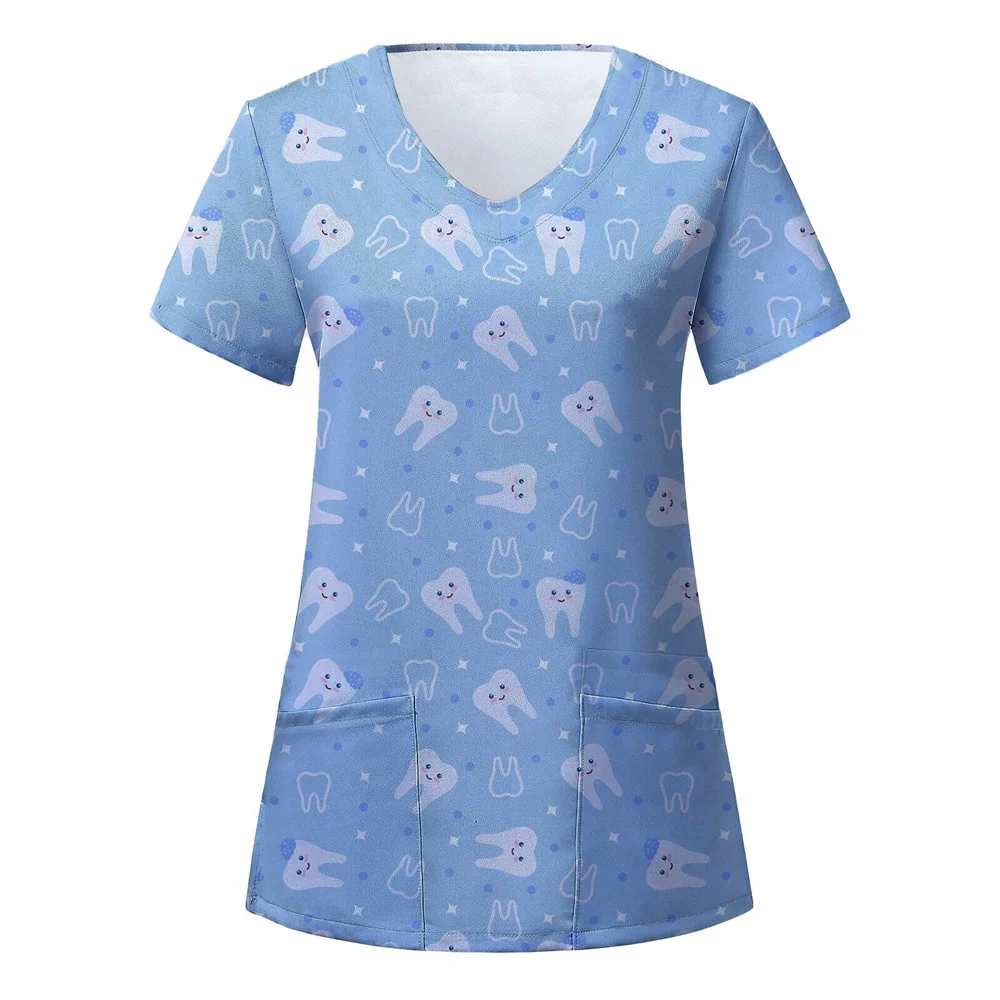 بلايز النساء فرك ممرضة طباعة قصيرة الأكمام الكرتون بلوزات على شكل حرف v العمل تي شيرت القلب طباعة الرعاية الصحية تونك الرعاية عمال القمم