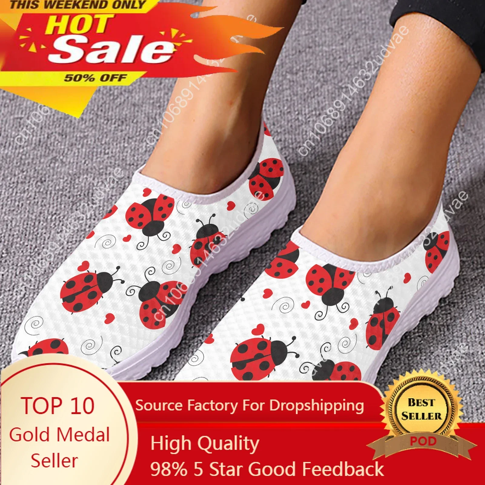 

Cartoon Seven Star Ladybug Print Breathable Loafers Insect Print Slip On Shoes Love Printed Zapatos Planos De Mujer