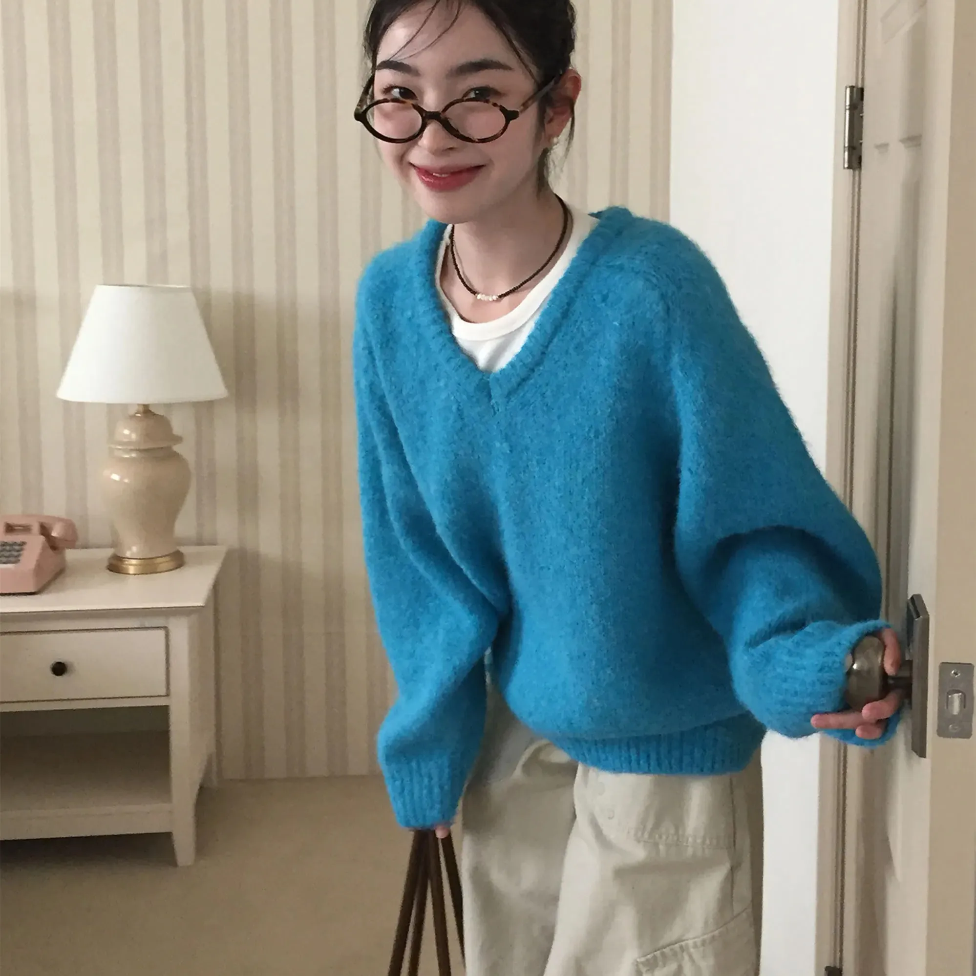 Женский вязаный свитер V-Ne Thiened, повседневный, свободный, осенне-зимний, модный, мягкий, нежный топ в стиле ретро, длинный све Crew Ne