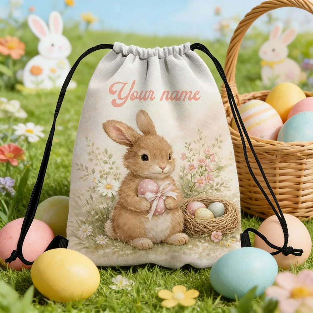 Custom Name Easter Bunny Drawstring Backpack Personalized Rabbit Egg Gym Sack Kids Easter Gift Drawstring Sport Bag