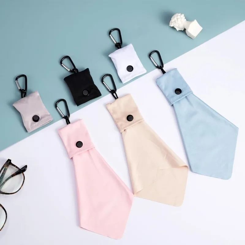 6pcs Random Color Snap Button Glasses Wipes Storage Bag with Keychain, Reusable Mini Pouch for Eyeglass Phone Camera Lens Screen