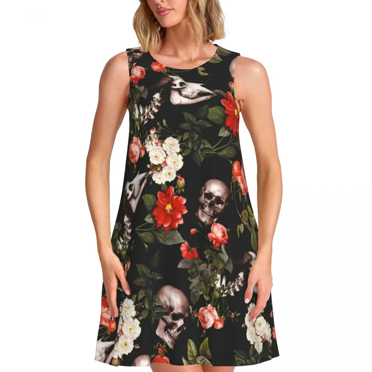 Skull Pattern Casual Dress Garden Floral Print Sexy Dresses Female Daily Street Wear Pattern Oversize Tank Dress