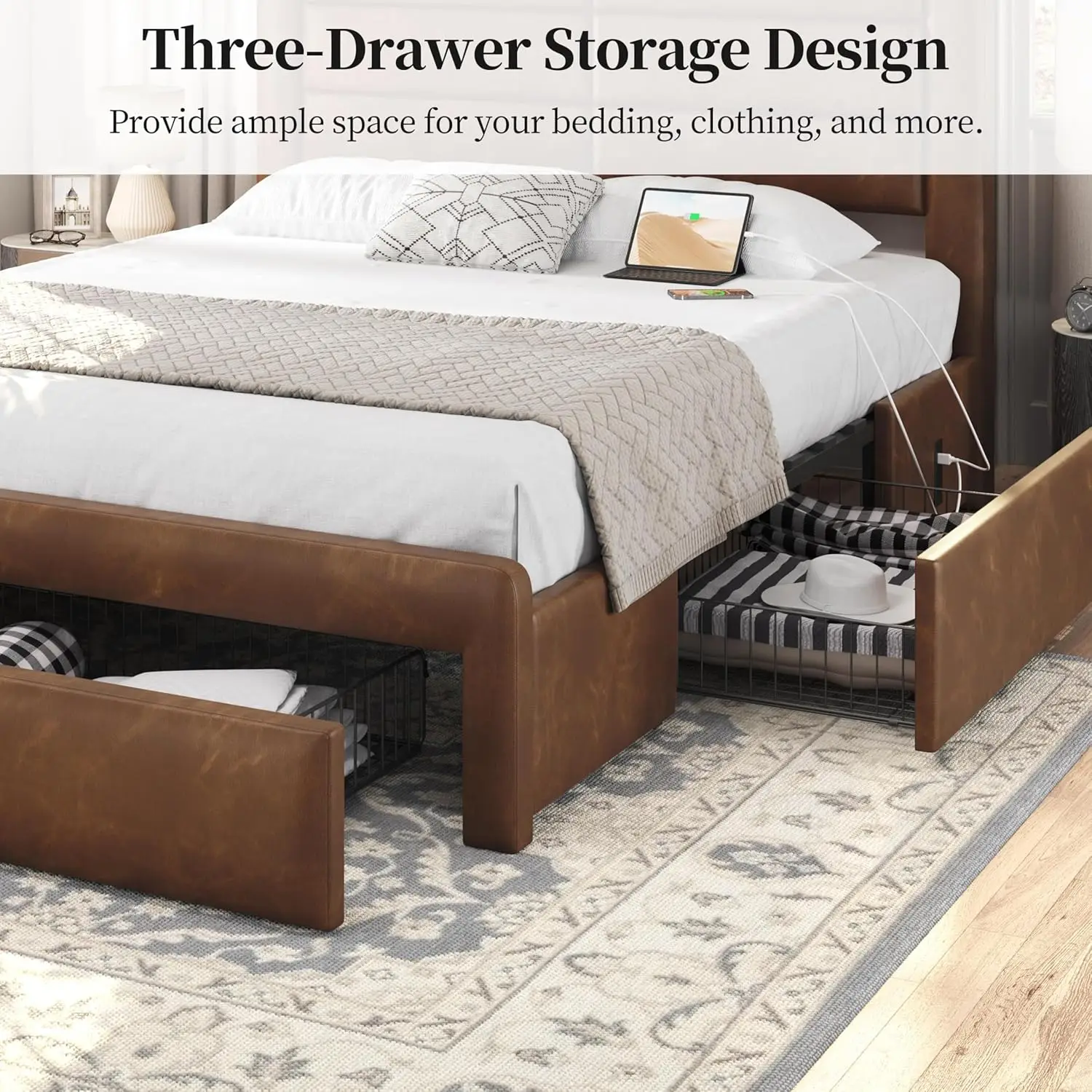 Queen Bed Frame with Charging Stations,Leather Upholstered Platform Bed with No Box Spring Needed/Amber Brown