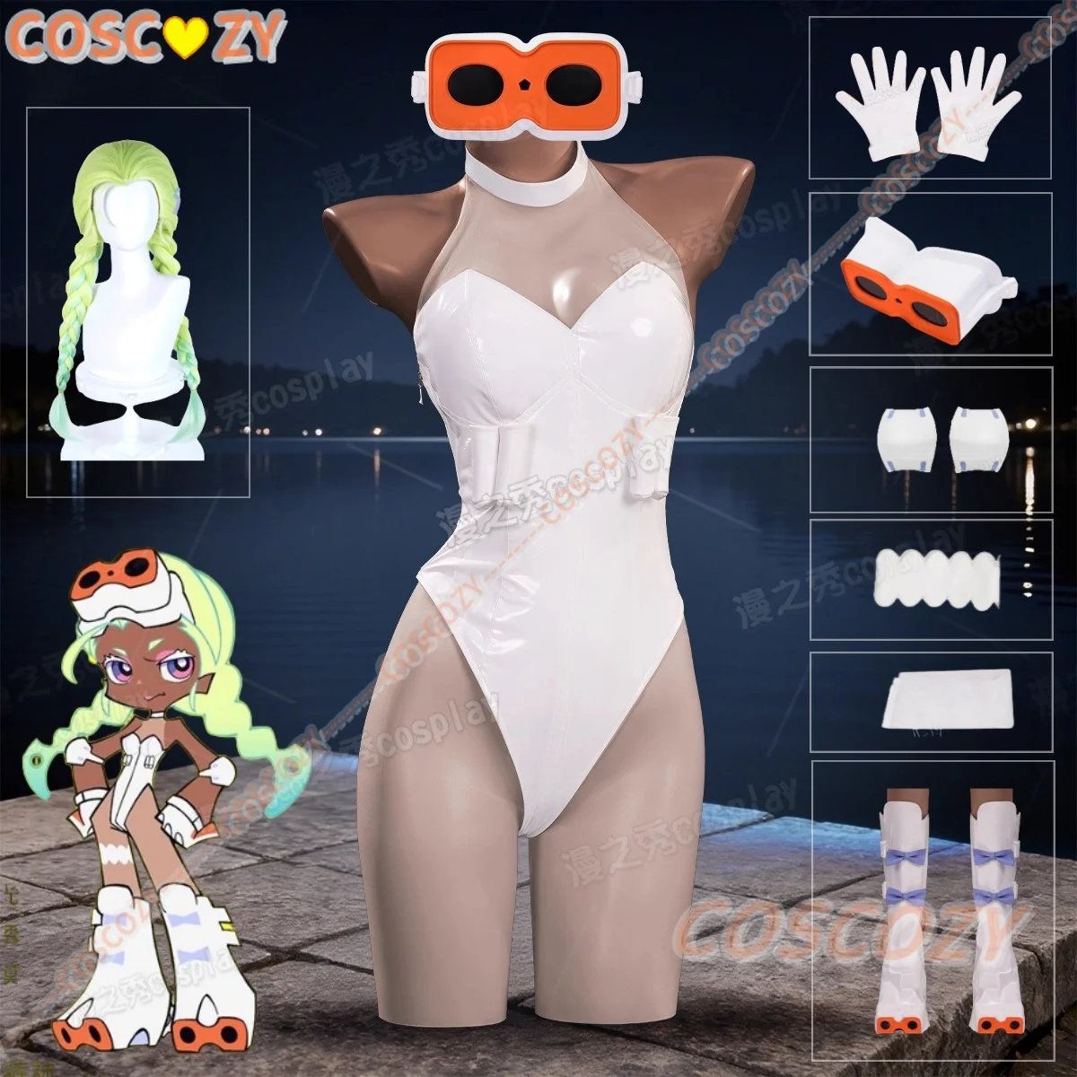 

Anime New Panty&Stocking with Garterbelt Gunsmith Bitch Cosplay Costume Wig White Jumpsuit Glasses Bow Tie For Women Girls Party