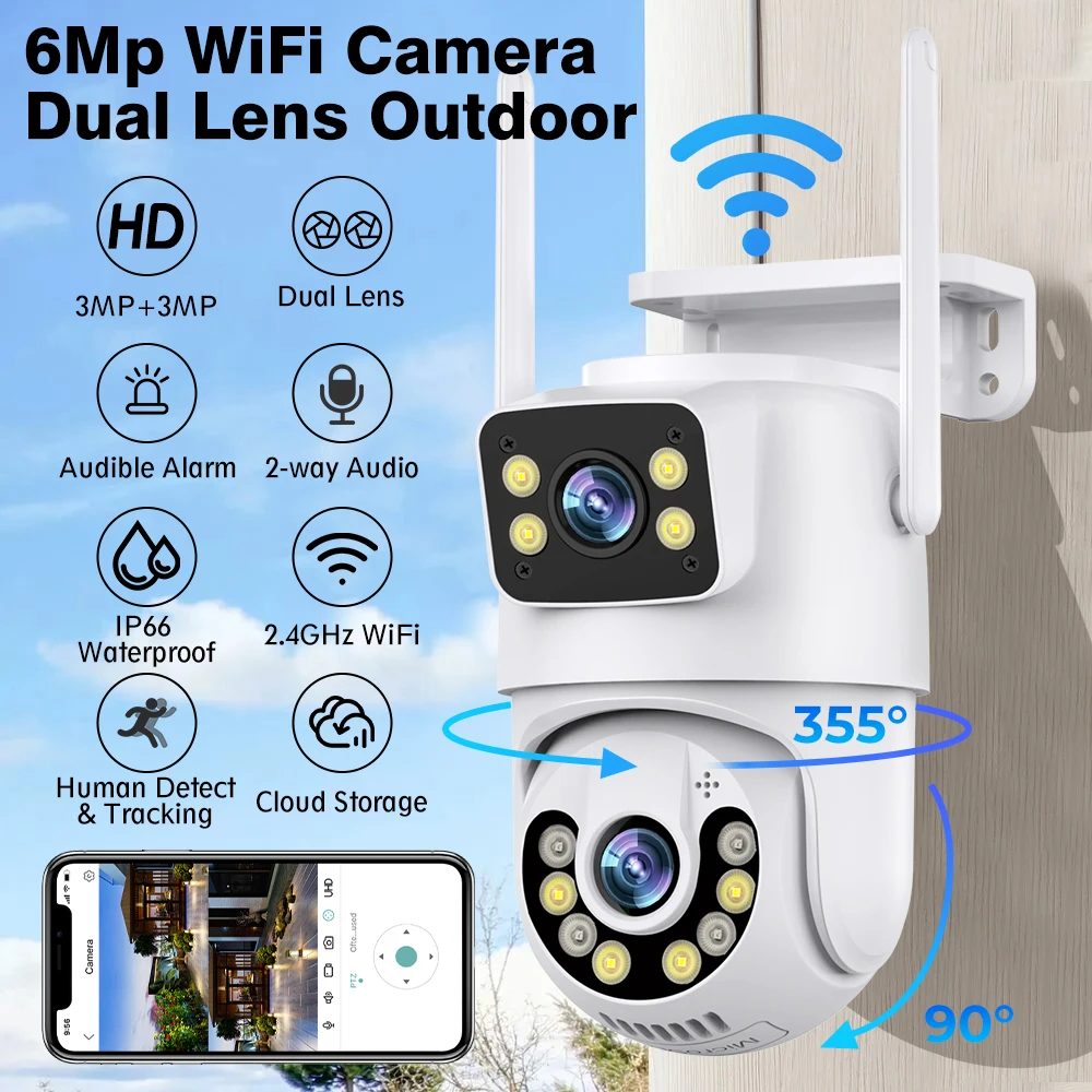 Dubbele Lens Beveiligingscamera Hd 6mp Wifi Buitenbeveiliging Bewakingscamera Ptz Ip Ai Menselijk Detecteren Cctv Camera 4x Digitale Zoom