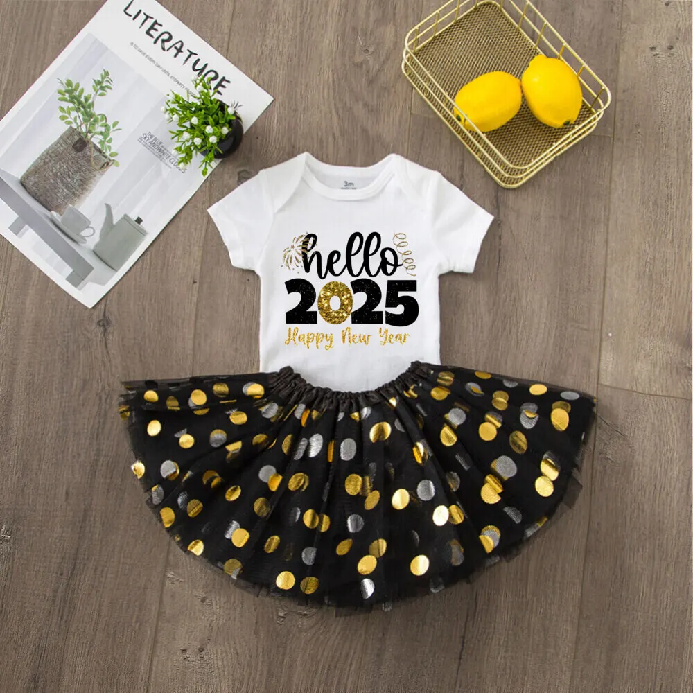 Hello 2025 Print 2 Piece Baby Girls Bodysuit Dress Set New Year Girl Short Sleeve Romper + Tutu Skirt Infant Dresses Set Outfit