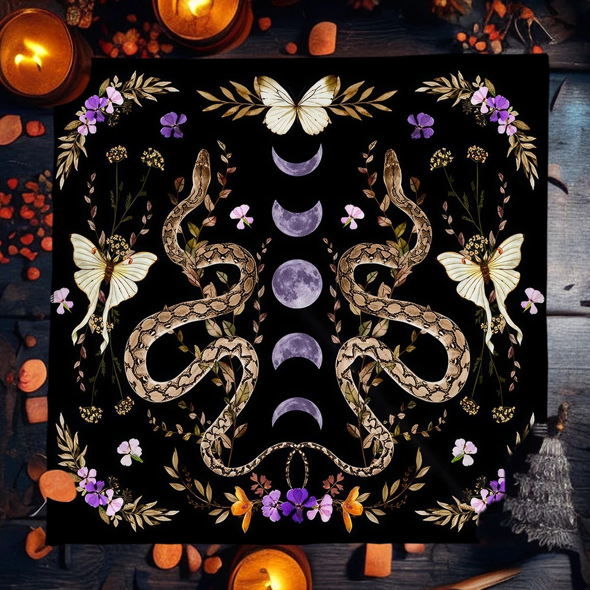 Divination Tarot Card Table Cloth Altar Cloth Moon Phase Flowers and Plants Snake Table Cloth For Tarot Witchy Home Decor Card P