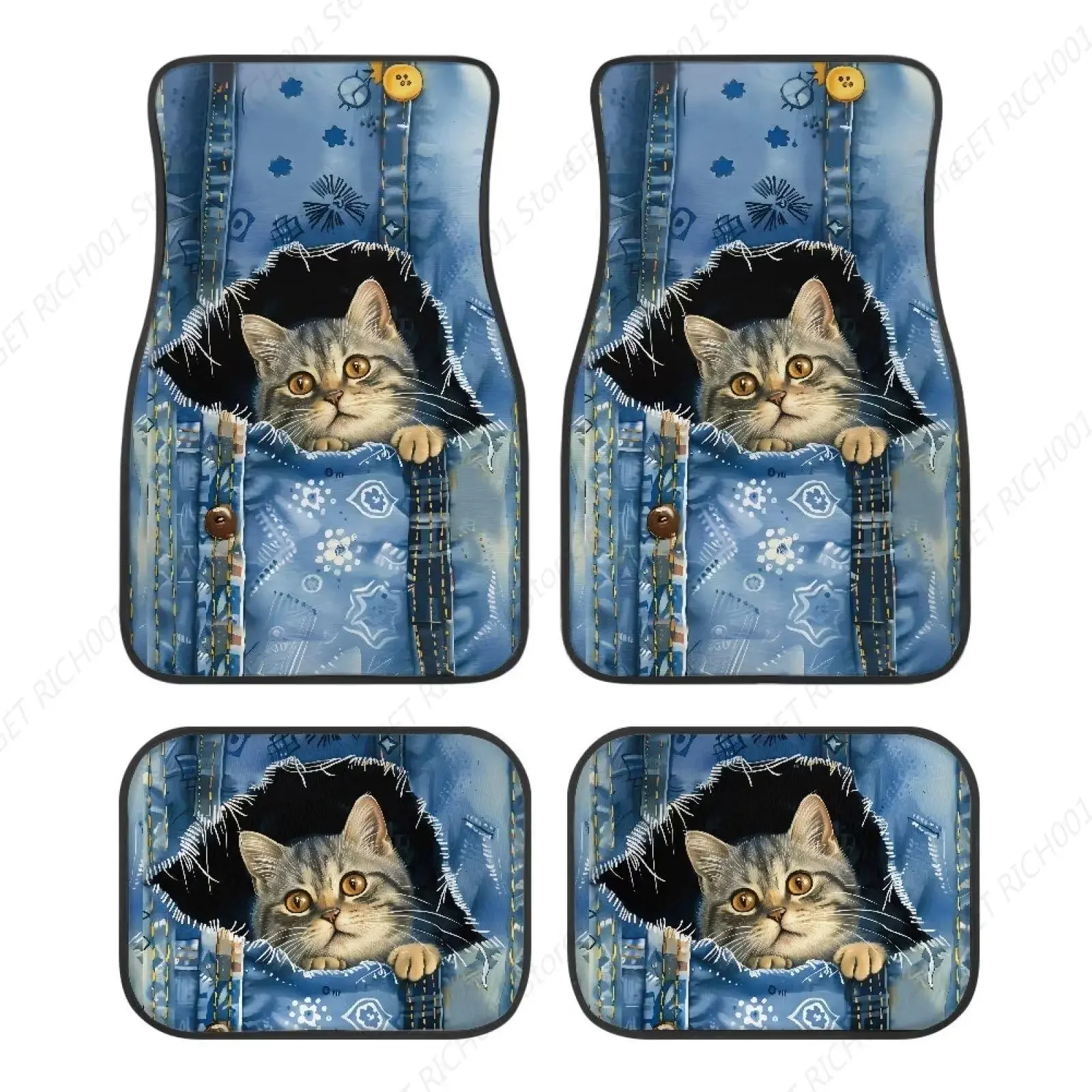 4 ชิ้นป้องกันพรมปูพื้นรถยนต์แมวพิมพ์มัลติฟังก์ชั่พรมปูพื้นกันฝุ่นพรมรถยนต์ทุกสภาพอากาศคุ้มครอง