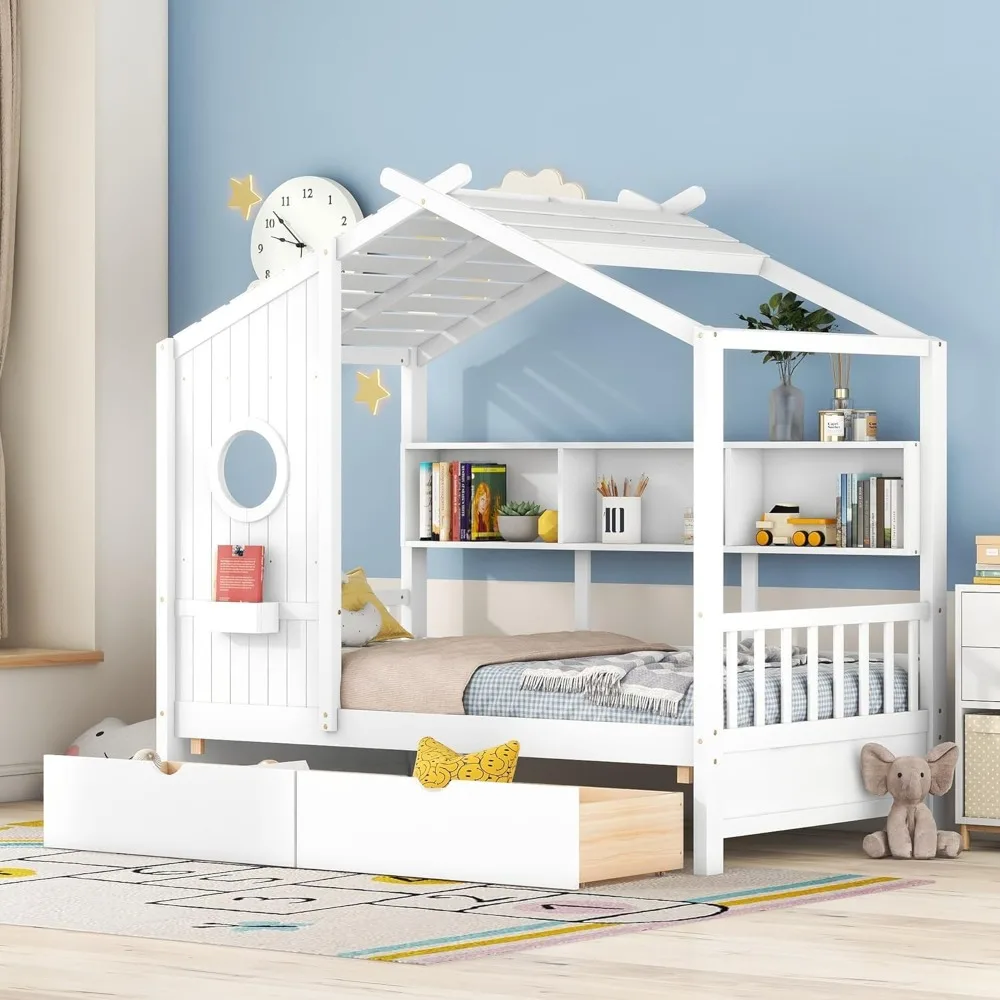 Twin House Bed with Storage Drawers & Bookcase, Montessori Bed Twin Platform Bed Frame with Rails & Roof, Solid Wood Playhouse