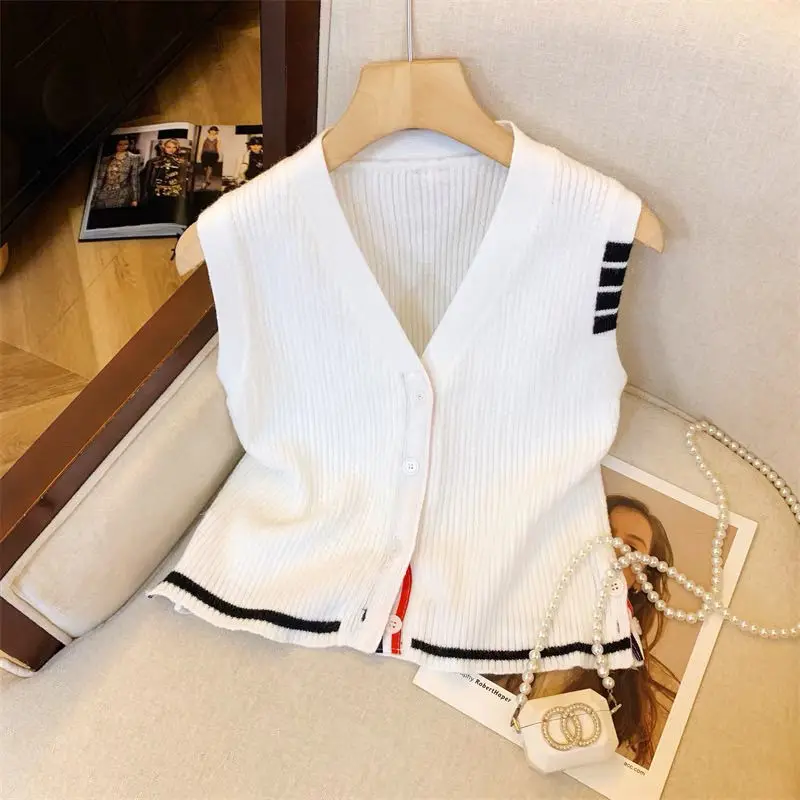 

Летние винтажные шикарные жилеты без рукавов в консервативном стиле, модные простые вязаные однобортные топы с v-образным вырезом, женская одежда