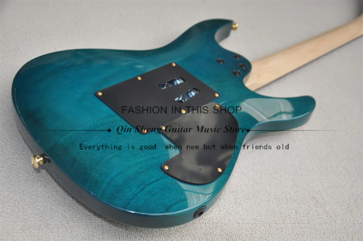 Left-hand Electric Guitar, Blue-Ring Wood-Colored Guitar, Ultra-Thin Guitar, Grooved Fretboard Inlay, Golden Tremolo Bridge