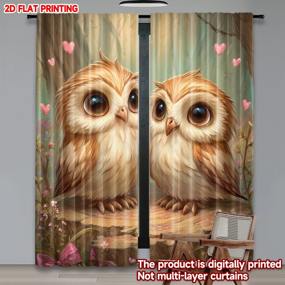 

2D flat printing 2pcs Window Curtains Valentine Cute Owl Couple Digital Printed Polyester Drapes Family Party Decoration Use for