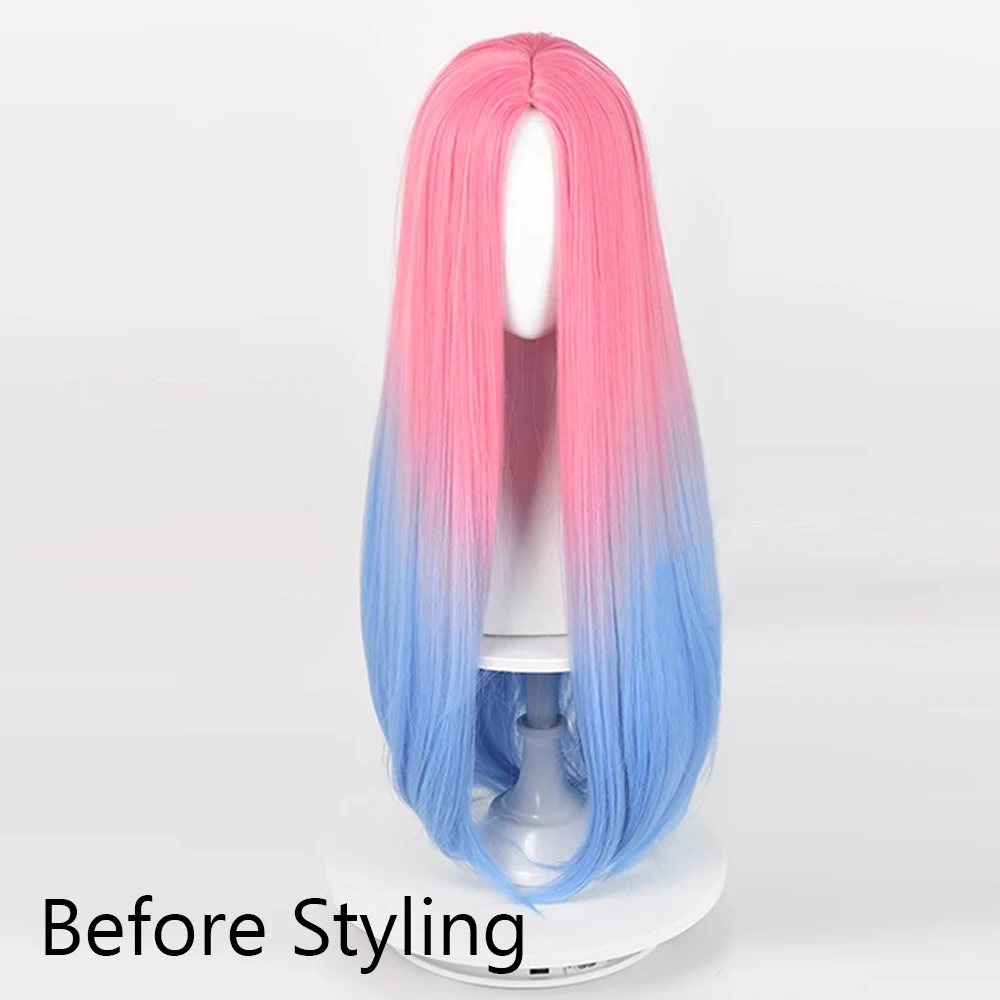 Anime Game Cosplay Long Straight Synthetic Wig Middle Part Pink Ombre Blue Fluffy Heat Resistant Wig for Daily Party