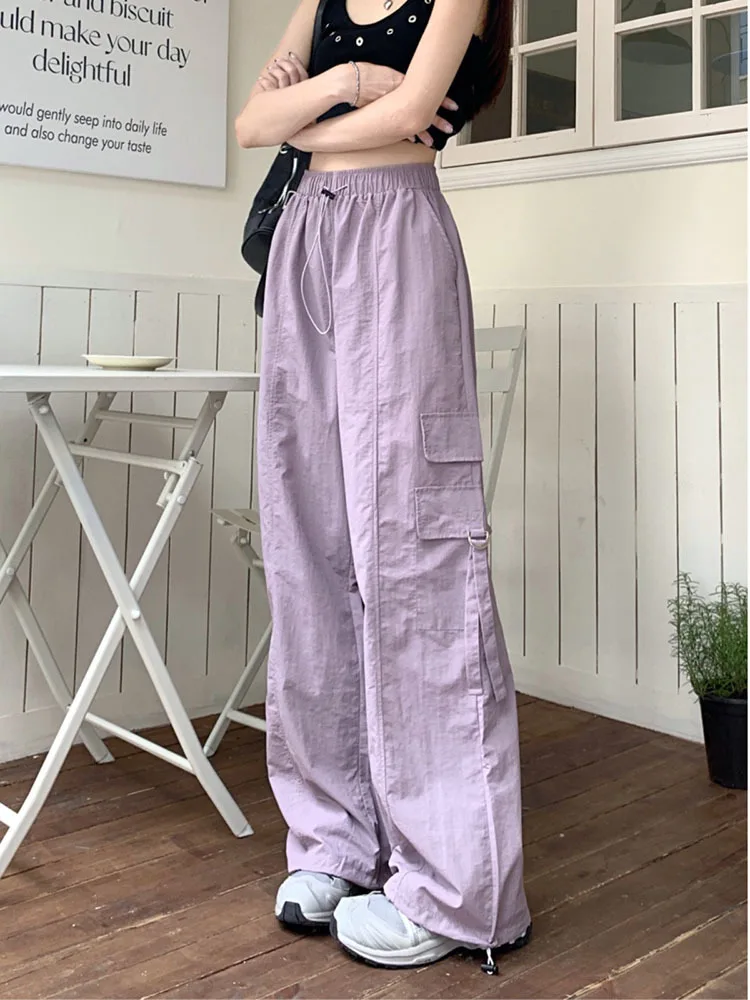 

Spring Summer Loose Casual Wide Leg Workwear Pants Women Elastic High Waist Drawstring Pockets American Straight Sports Trousers