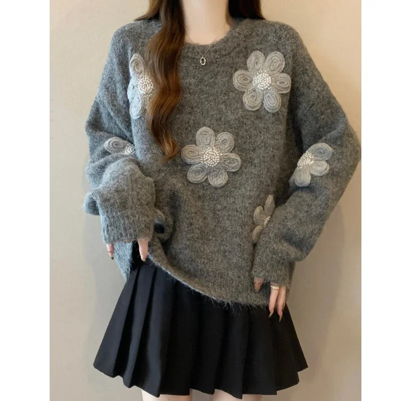 

Весенне-осенний женский повседневный серый свитер с цветочным принтом «Джокер» Koran Lady, милый изящный вязаный пуловер с круглым вырезом и длинными рукавами, топы 2025