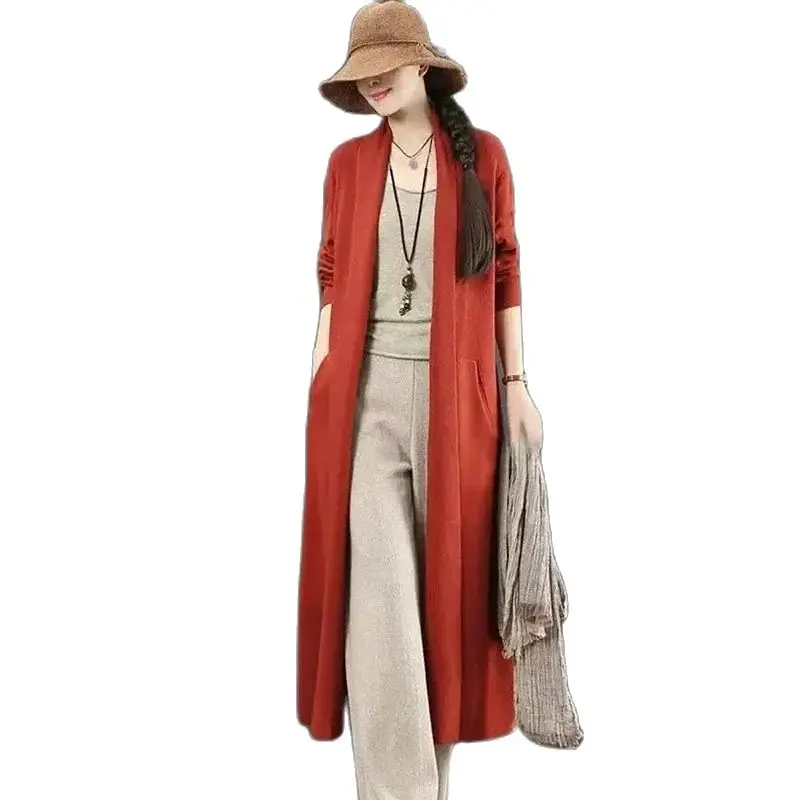 Solid Color Fashion Knitted Sweater For Women Autumn 2024New Korean Casual Loose Fitting Long Cardigan Outerwear Trend Coat Long