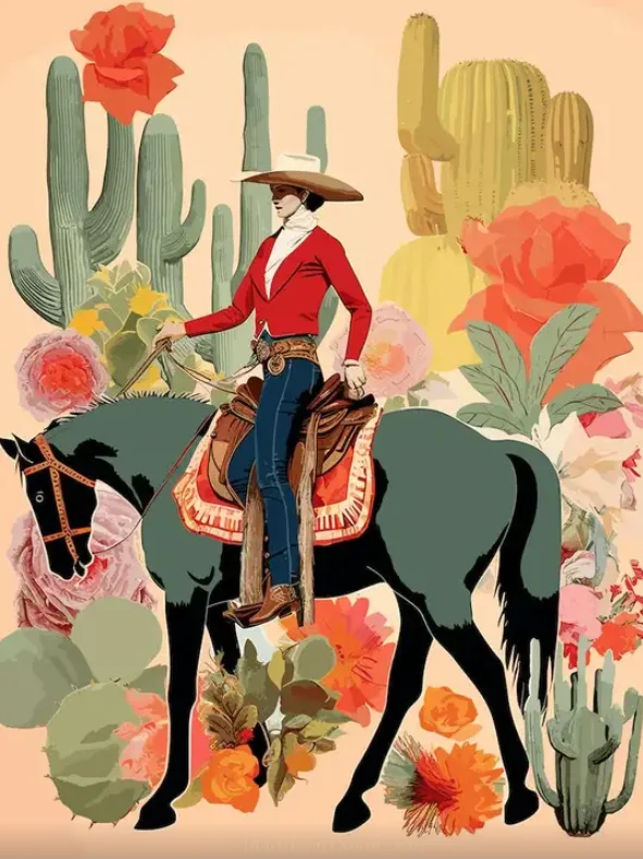 Western Cowgirl Riding Horse Wall Art, Desert Cactus & Vibrant Floral Print, Southwestern Boho Home Decor Poster