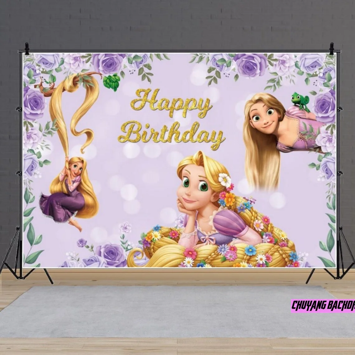 Disney Long Golden Hair Princess Tangled Rapunzel Birthday Party Photography Backdrop Custom Kids Baby Shower Vinyl Backdrop