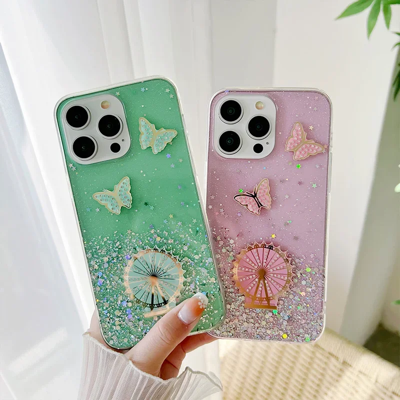 Clear Glitter Epoxy Butterfly Ferris wheel Phone Case For IPhone 15 14 13 12 11 Pro XS Max XR 7 8 Plus SE2/SE3 Soft Cover