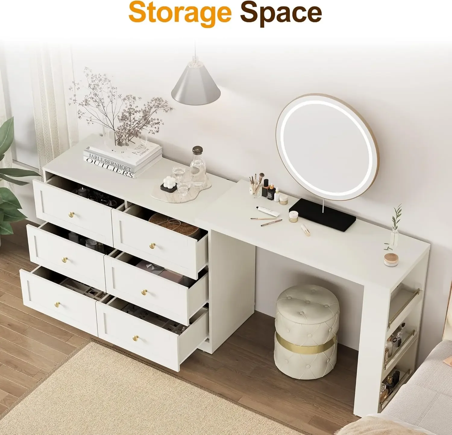 [XMSJ-مخزون محدود، اشتر الآن! مجموعة مكتب وخزانة الملابس من فانيتي، مكياج كبير قابل للتمديد بطول 76 بوصة مع 6 أدراج و3 جوانب