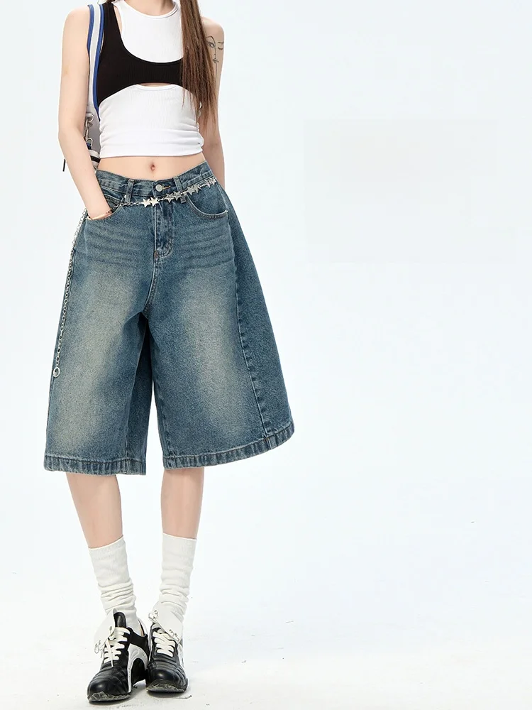 Jinjing Denim Five-Point Pants Women's Casual Loose American Sle Summer New Wide Leg Medium Length Jeans ort orts