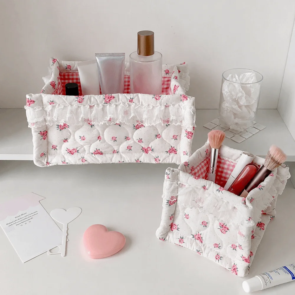 Soft Desktop Storage Basket Quilted Lace Flower Cosmetic Storage Pouch Large Capacity Snacks Sundries Sorting Bag
