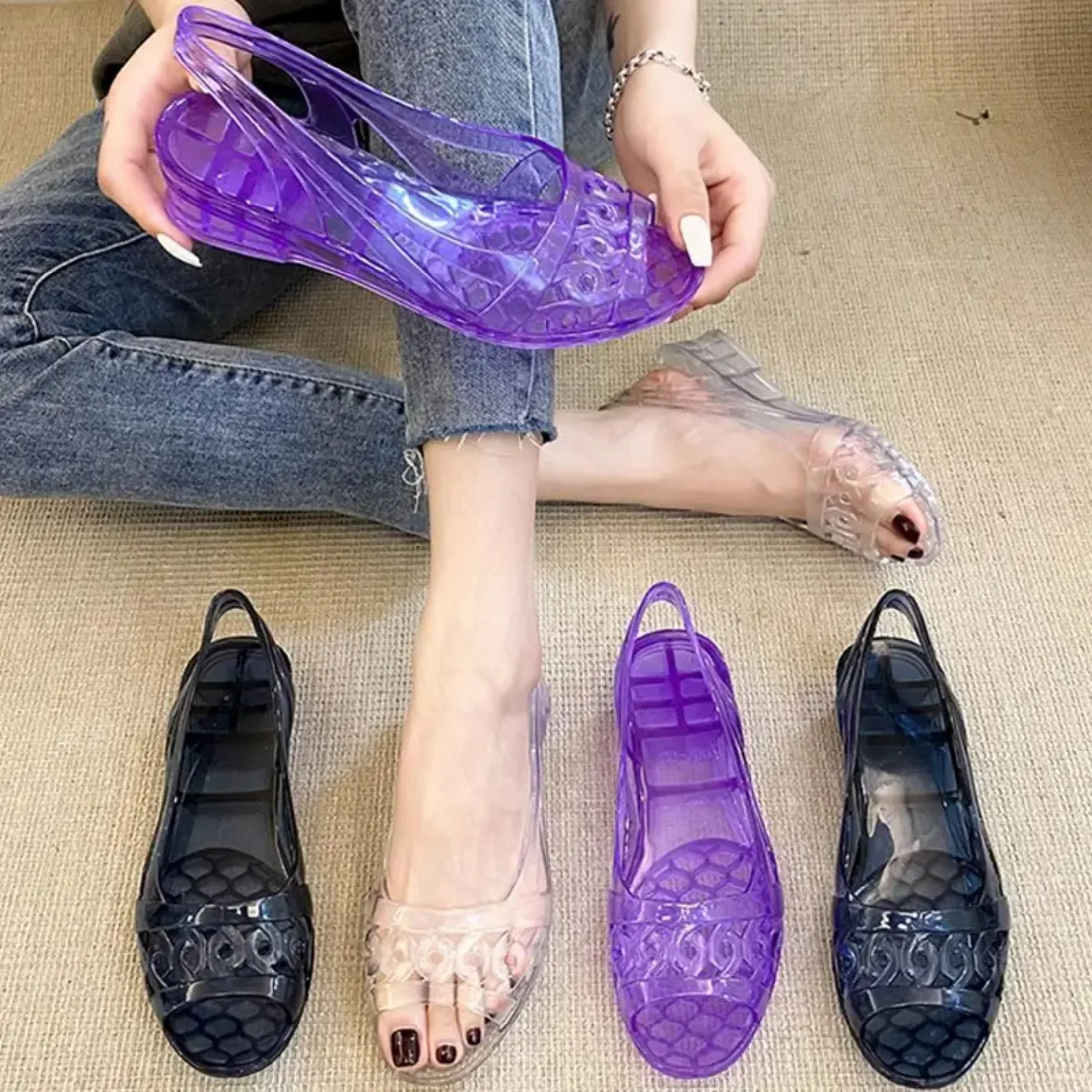 Sandalias de plástico de Pvc para mujer, calzado morado con punta abierta, tacones medios, gelatina, talla asiática, verano 2024