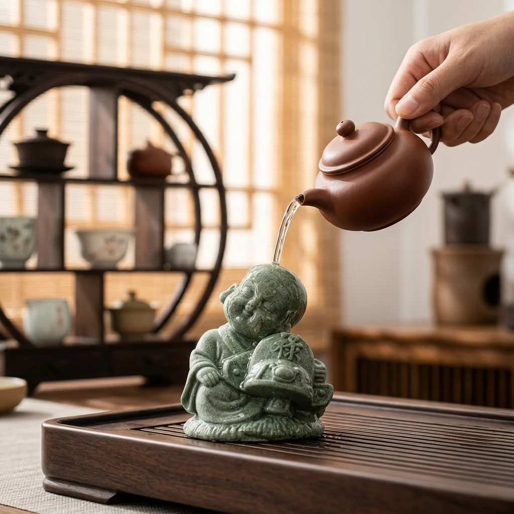 1 Piece Tea Pet Ornament Green Sandstone for Tea Tray Living Room Desktop Office Home Decor Hand Carved Monk Figurine
