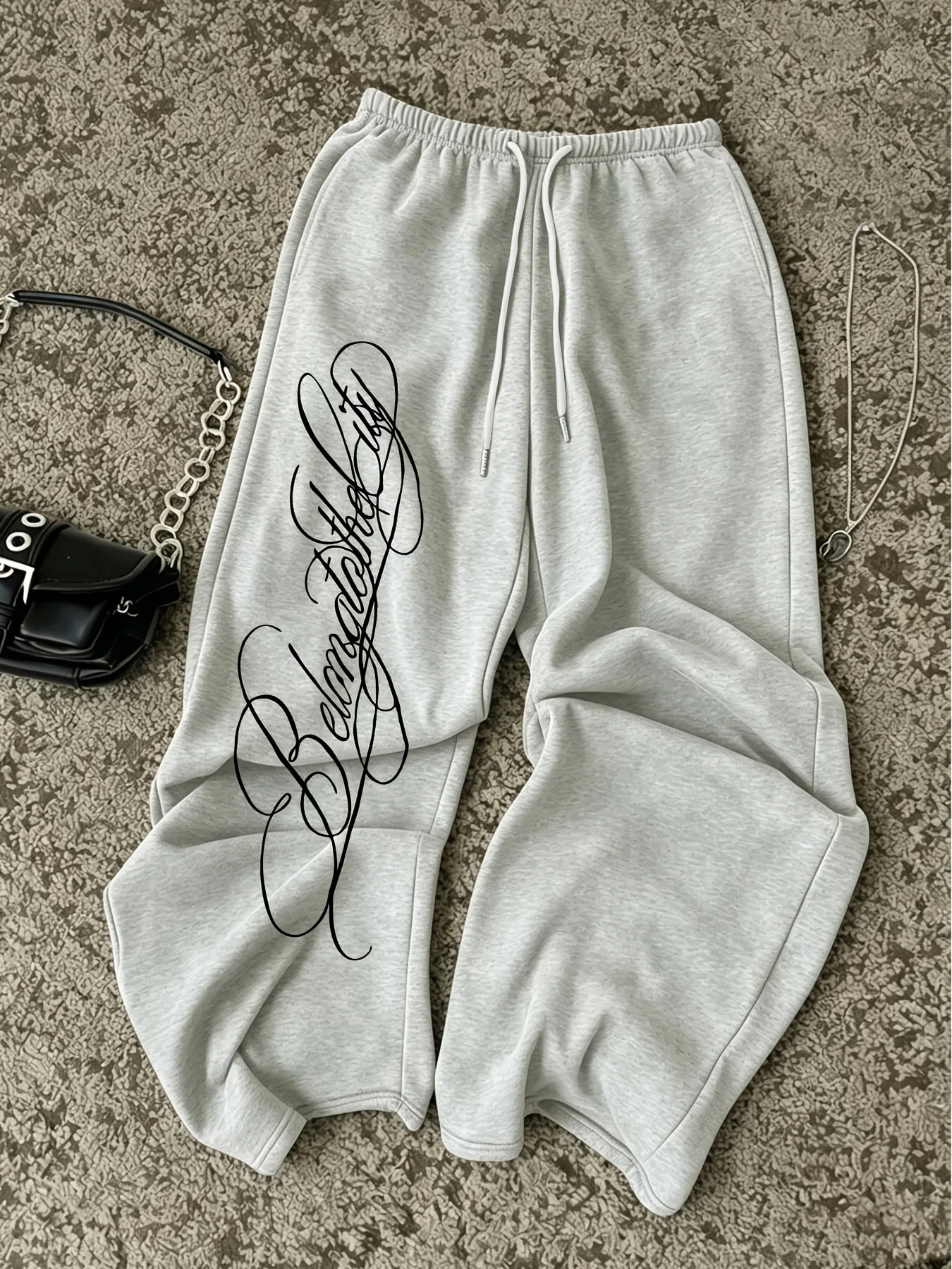 Women's Casual Pants with European and American Ins Retro Elegant Design, Letter Printed Pattern, Wide Leg Straight Leg Pants