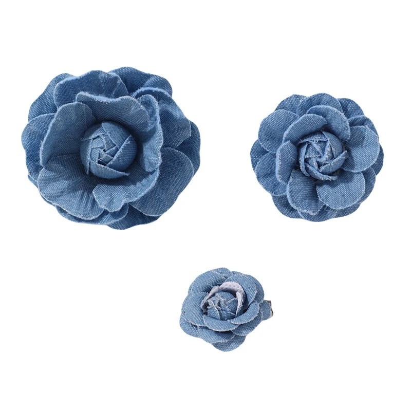 New Blue Fabric Camellia Flower Brooches For Women Handmade Cloth Art Lapel Pins Corsage Fashion Jewelry Badge Accessories