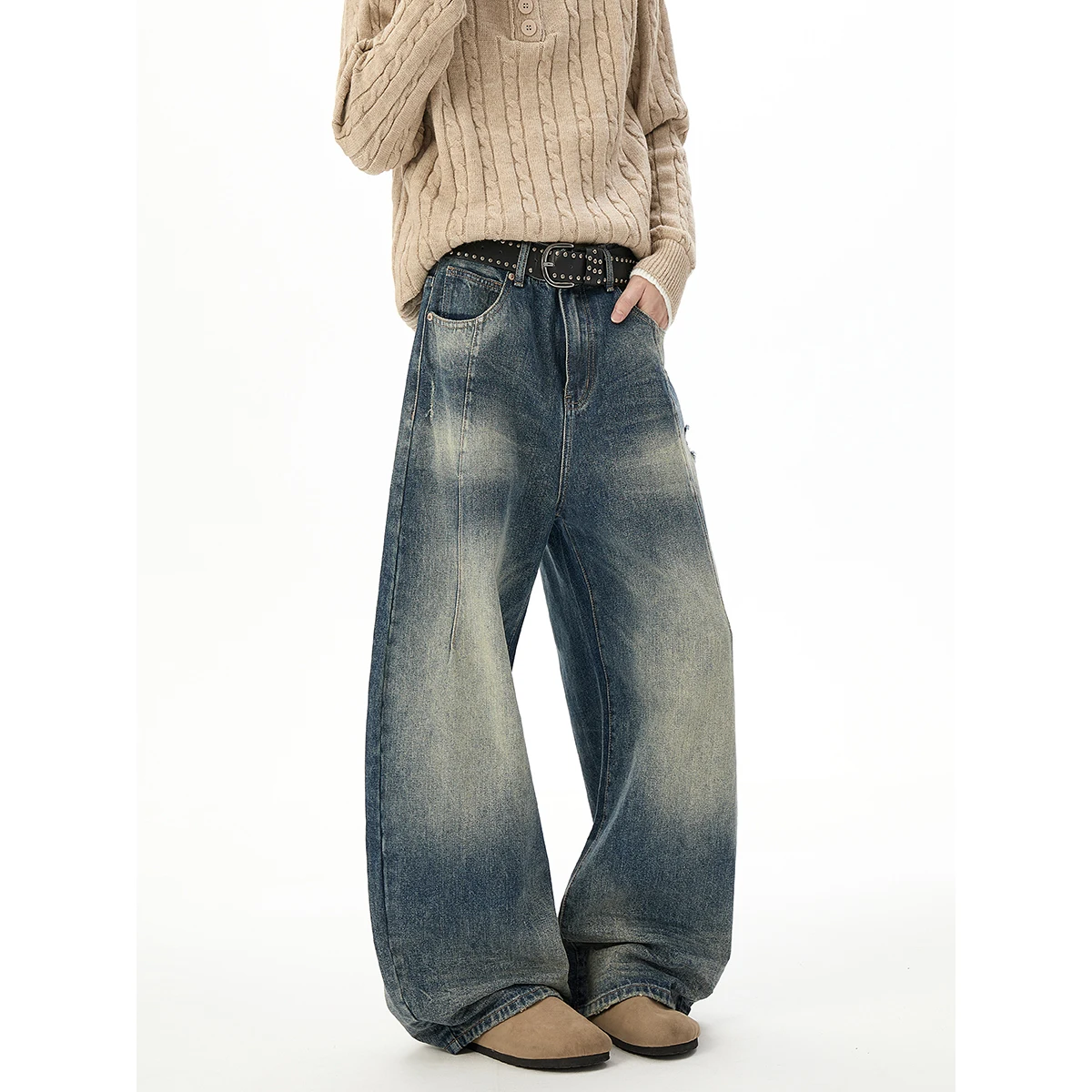 

LAPPSTER винтажные старые синие потертые джинсы, прямые брюки, повседневные мужские винтажные широкие брюки, новые модные джинсовые брюки в стиле Харадзюку