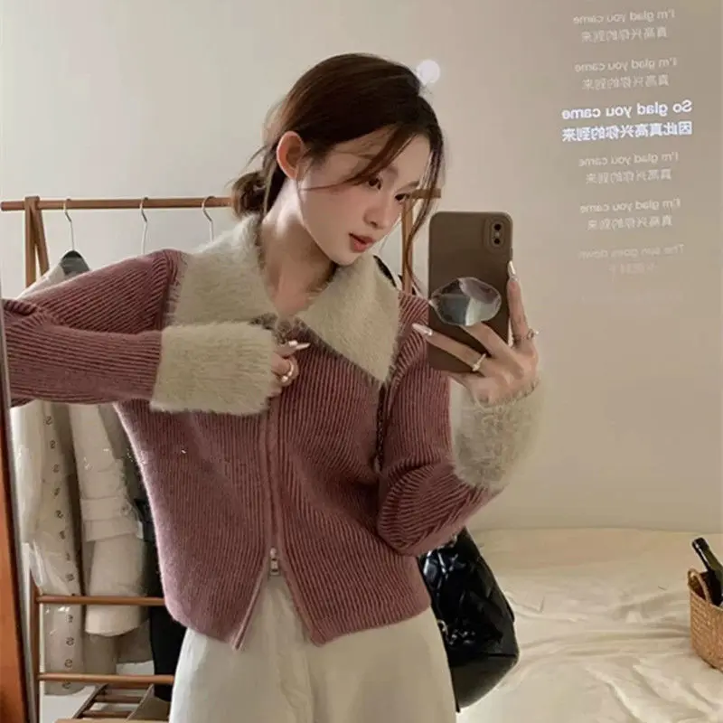 Pull à manches longues à col rabattu pour femme, cardigan à fermeture éclair, rue haute, décontracté, élégant, tout match, mode, automne, hiver, nouveau