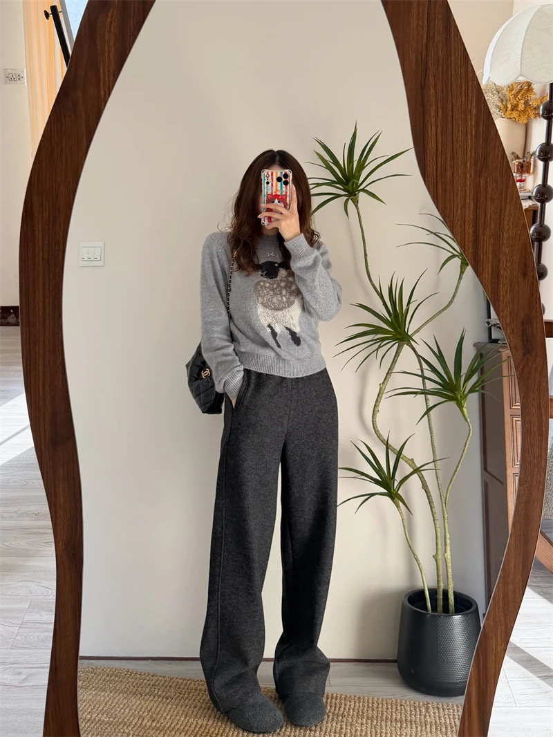 

Soft Wool Blend Knitted Sweater Women's Loose Fit Overhead Cute Sle Autumn Winter Long Sve round Ne Knitwear