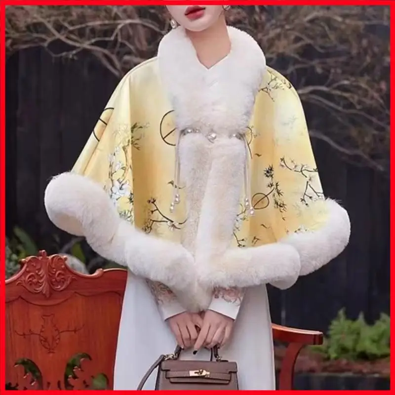

F3MF Elegant Faux Furs Shawl Women Fashion Shawl Wedding Bridal Plush Ponchos for Special Gatherings