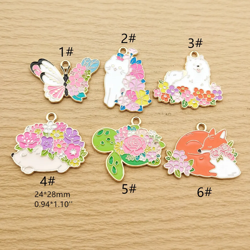 10pcs Flower Animal Charm Jewelry Accessories Enamel Necklace Earring Pendant Diy Making Supplies Alloy Metal Gold Plated