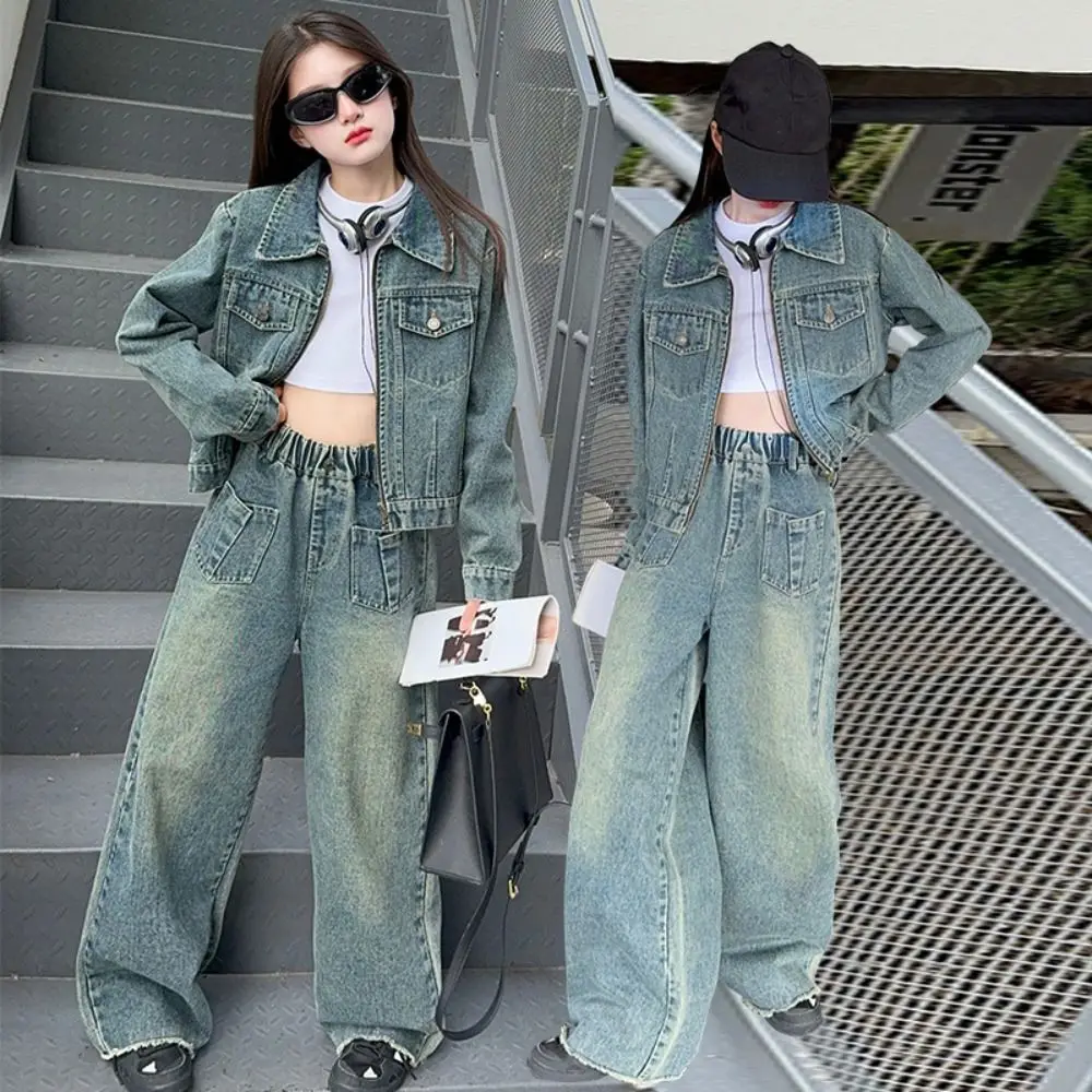 

Outfits Y2K Children Cowboy Set Wide Leg Pants Loose Jeans Jacket Suit Retro Teens Girls Clothes Set Summer Autumn