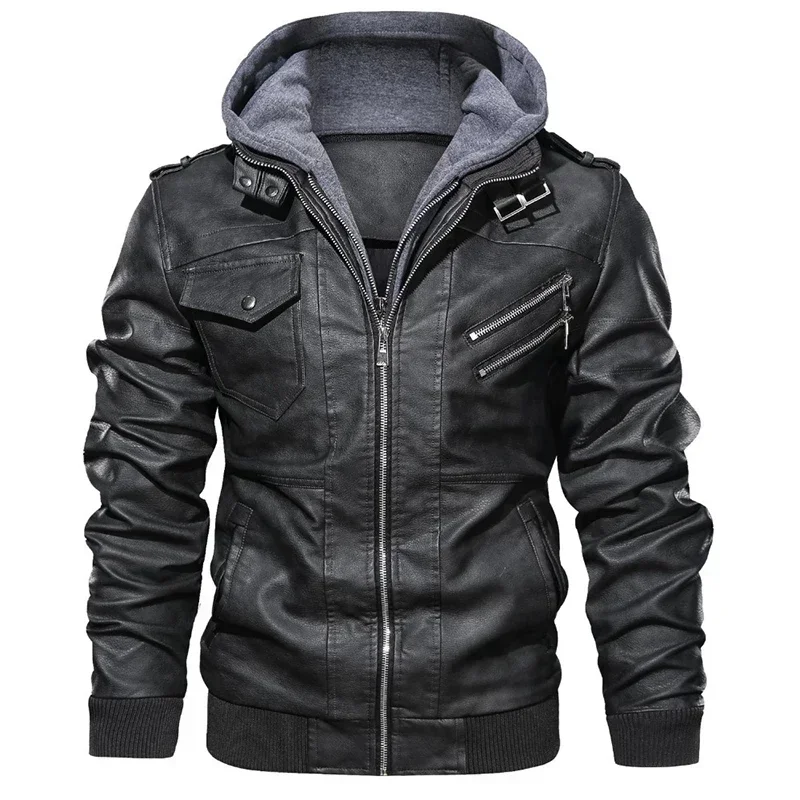 Hood Crew Men’s Casual Stand Collar PU Faux Leather Zip-Up Motorcycle Bomber Jacket