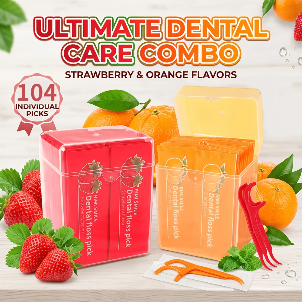 104PCS Fruit Flavor Dental Floss Picks Combo, Strawberry & Orange Flavor, Individually Wrapped Disposable Tear-Resistant Floss S