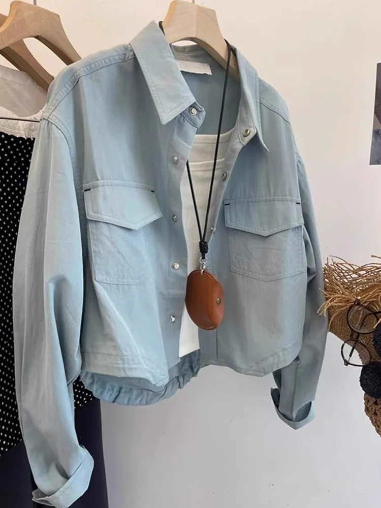 

Корейский Sle Color Casual Long Sve Single Button Double ket irt Design Sense Commute Wind ort Верхняя одежда