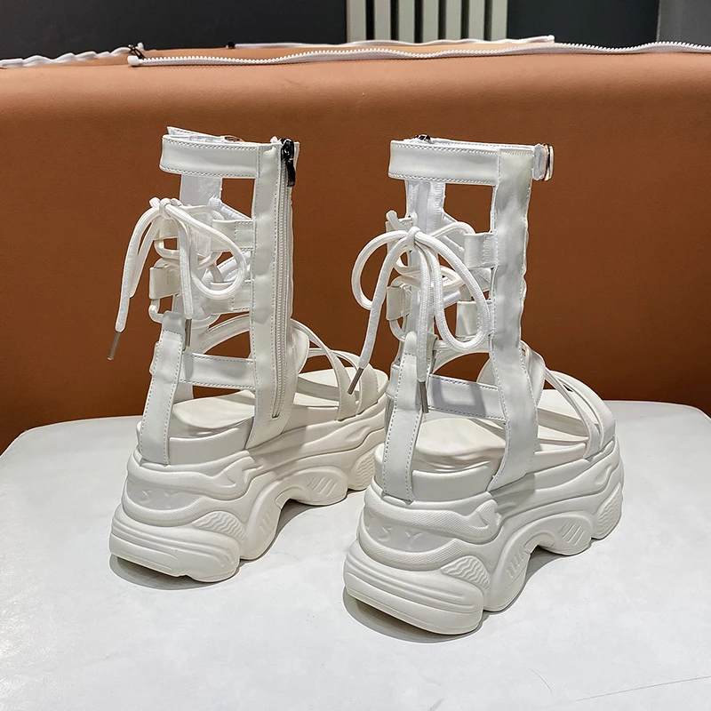 8.5cm New Summer Black Women Leather Sandals Cool Ankle Boots Platform Shoes Wedges Women\'s Sandals Fashion Outdoor Sandalias
