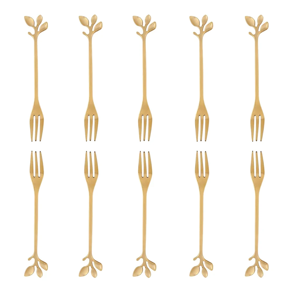 

10 Pcs Stainless Steel Leaf Cake Fruit Forks Set Tasting Dessert Forks Kitchen Accessory Wedding Party Golden