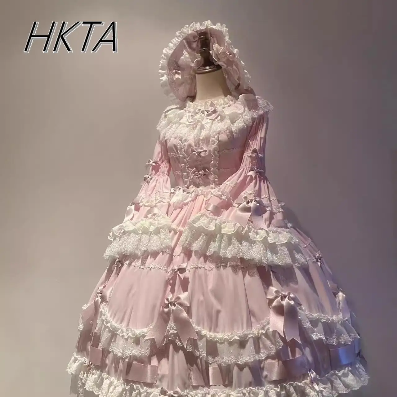 Elegancka Koronkowa Suknia Balowa z Długim Rękawem i Plisami, Sukienka Księżniczki, Damska Letnia Słodka Urocza Wyszczuplająca Sukienka Tortowa z Długim Dołem, Lolita Dziewczyna