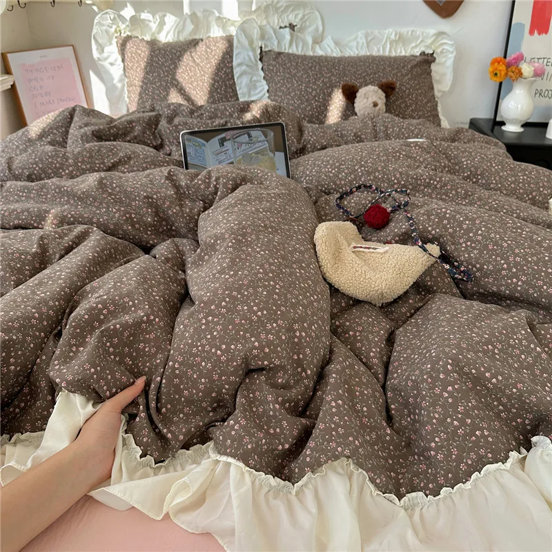 3/4Pcs Korean Princess Style Floral Ruffles Bedding Set Single Queen King Size Duvet Cover Set Bed Sheet Pillowcases