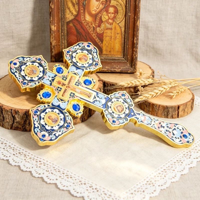 Byzantine Orthodox Blessing Cross for Priest Bishop Gold Metal Handheld Crucifix with Icons Church Altar Supplies Religious Gift