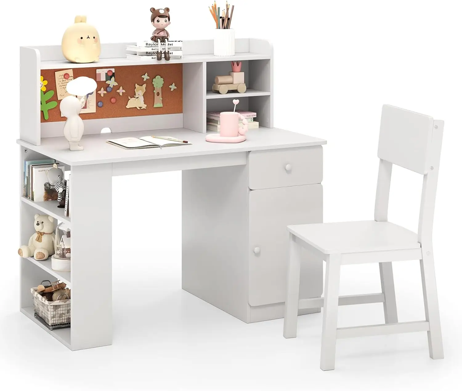 Kids Desk and Chair Set, Wood Student Desk Set W/Hutch, Drawer, Cork Bulletin Board, Cable Management Hole & Storage Shelf for Writing Drawing, Study Table Computer Workstation (White)